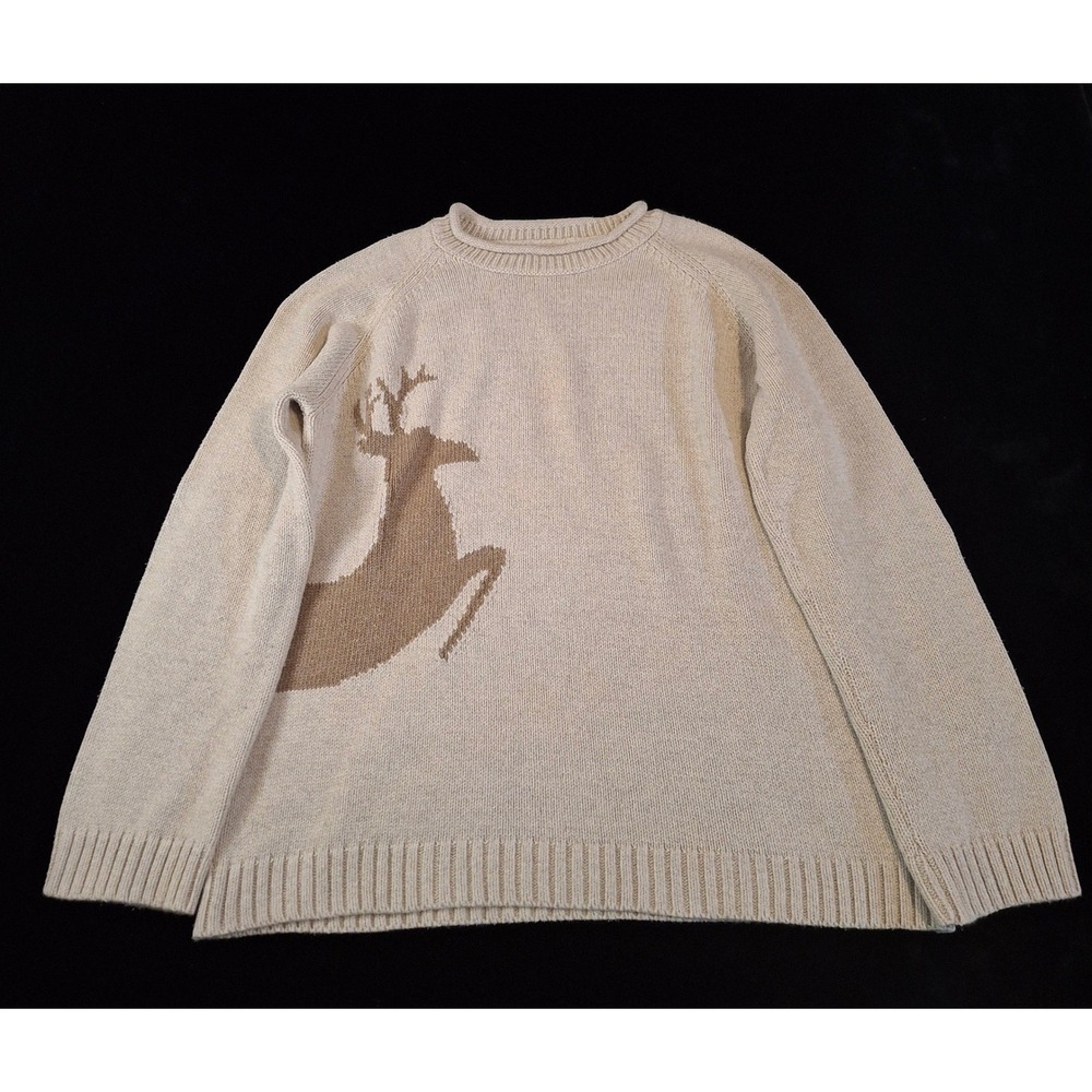 Coldwater Creek Women XL Sweater Oatmeal Beige Prancing Reindeer Knit Cotton